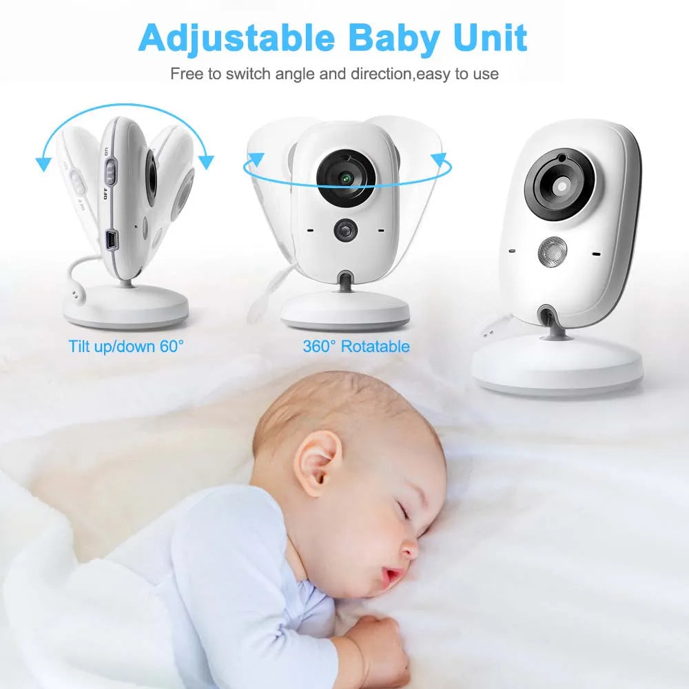 Eltern sprechen mit Baby über Gegensprechanlage des 3,5-Zoll Video Babyphones. Beruhigung.
