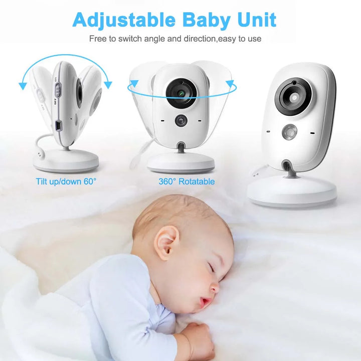 Eltern sprechen mit Baby über Gegensprechanlage des 3,5-Zoll Video Babyphones. Beruhigung.