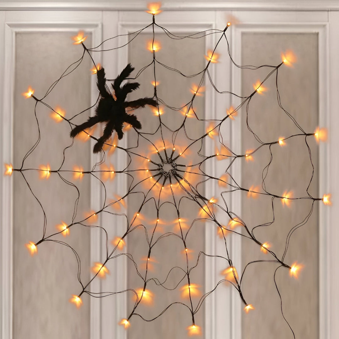 Gruseliges LED Spinnennetzlicht. Perfekte Halloween Dekoration für Wände, Fenster und Türen. Einfache Installation.