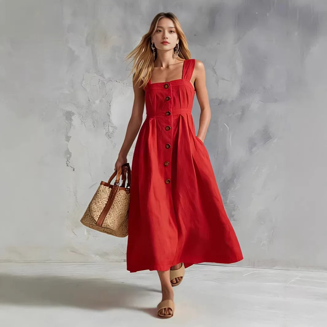 Leichtes Damen Maxikleid für den Sommer. Bequemes Freizeitkleid mit Knopfleiste, ideal als Strand- oder Urlaubskleid.