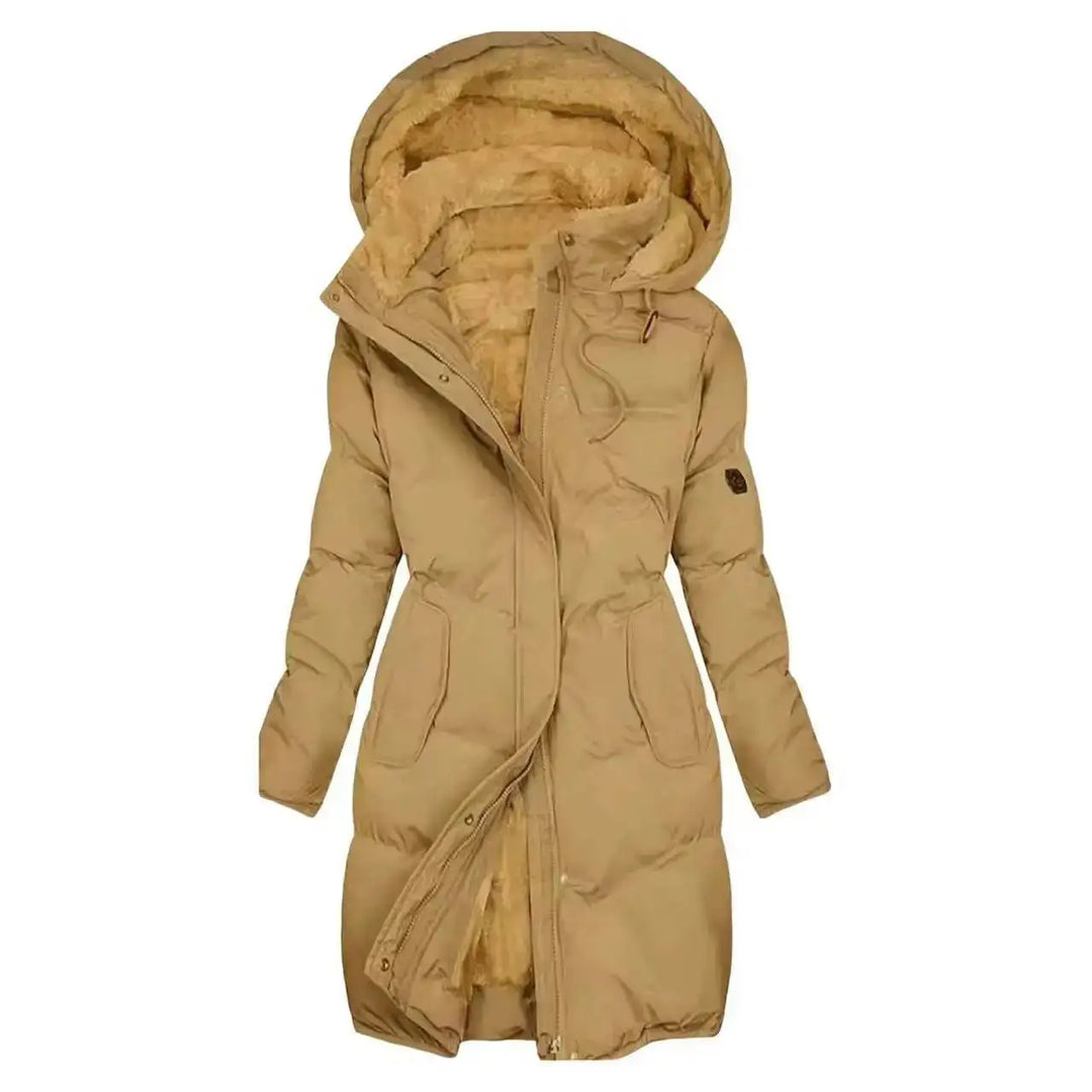 Kuschelige, lange Damen Winterjacke mit Kapuze, isolierte Oberbekleidung für kalte Herbst- und Wintertage.