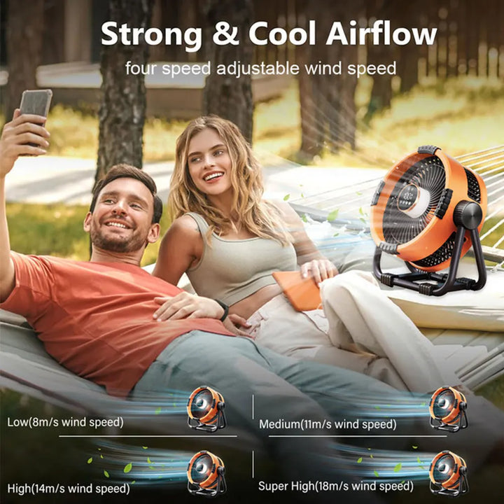 Akku-Campingventilator mit LED-Licht für Zelt, fernsteuerbar, bietet Kühlung & Licht für Outdoor-Abenteuer.