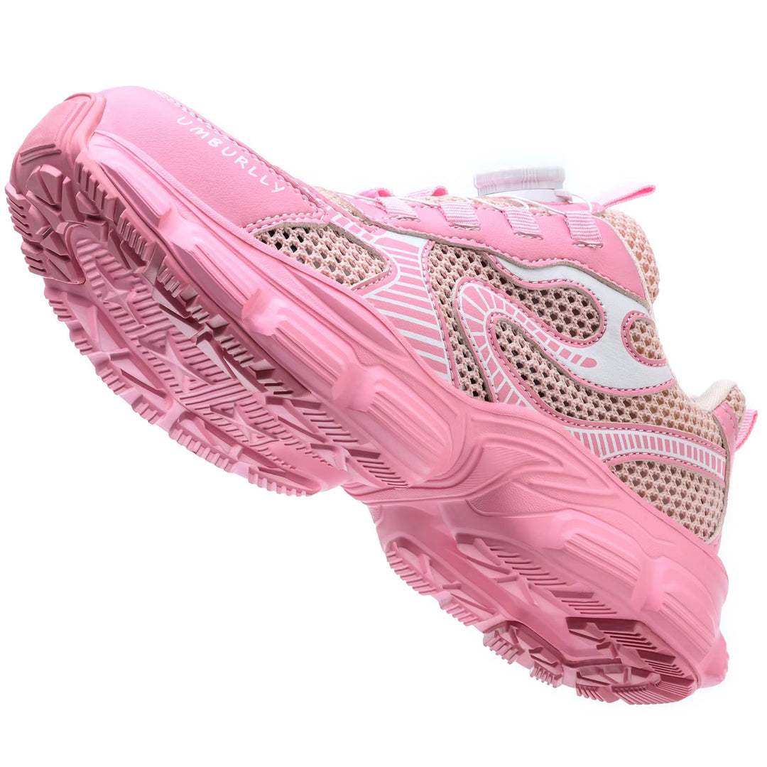 Seitenansicht: Damen Sicherheitsschuhe mit Stahlkappe in Rosa, rutschfeste Sohle.
