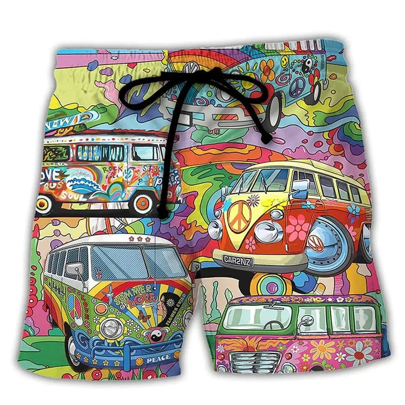 Nahaufnahme der bequemen Herren Badehose mit lebendigem Graffiti-Print & Kordelzug.
