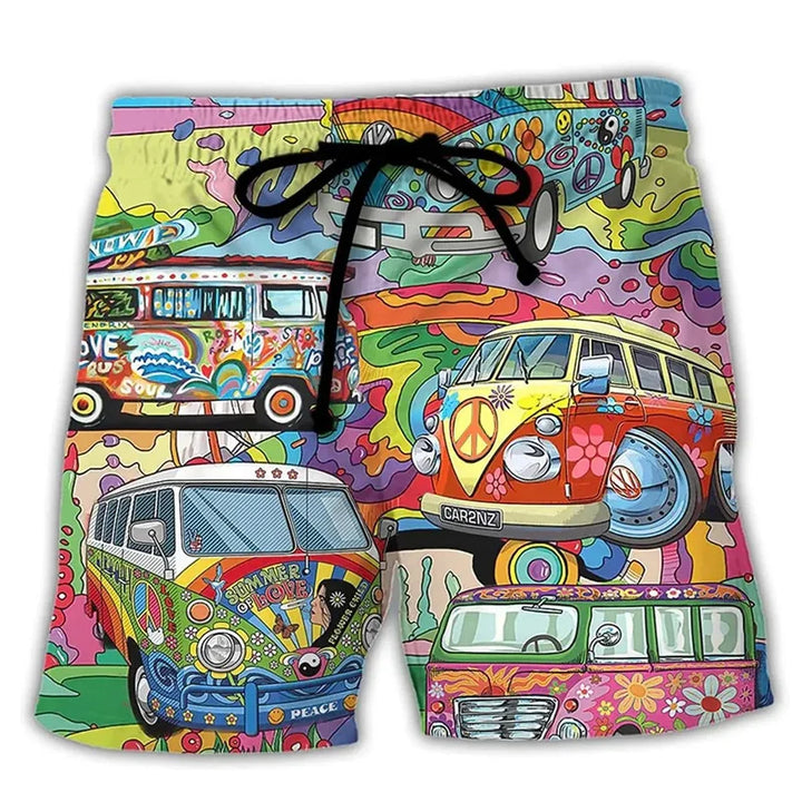 Nahaufnahme der bequemen Herren Badehose mit lebendigem Graffiti-Print & Kordelzug.