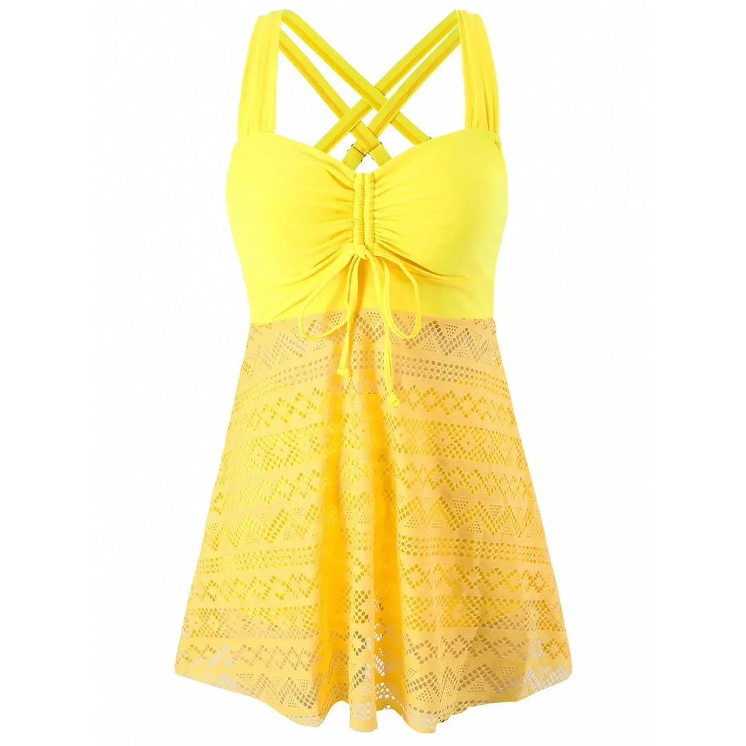 Elegante Damen Bademode: Schwarzer Badeanzug mit filigranem Spitzenrock, ideal für sonnige Tage.