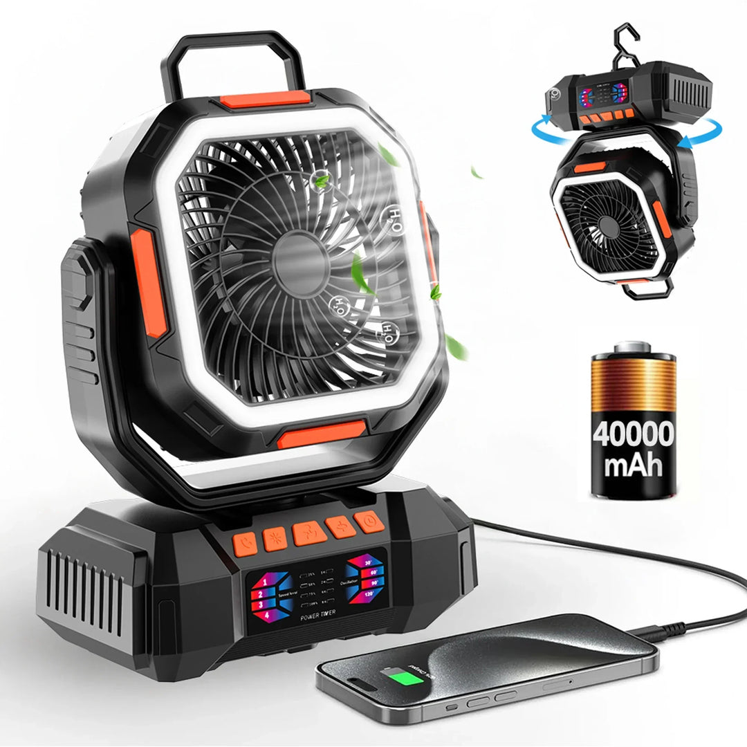 Tragbarer Campingventilator mit 40000mAh Akku und integrierter LED-Laterne, ideal für Outdoor-Abenteuer.