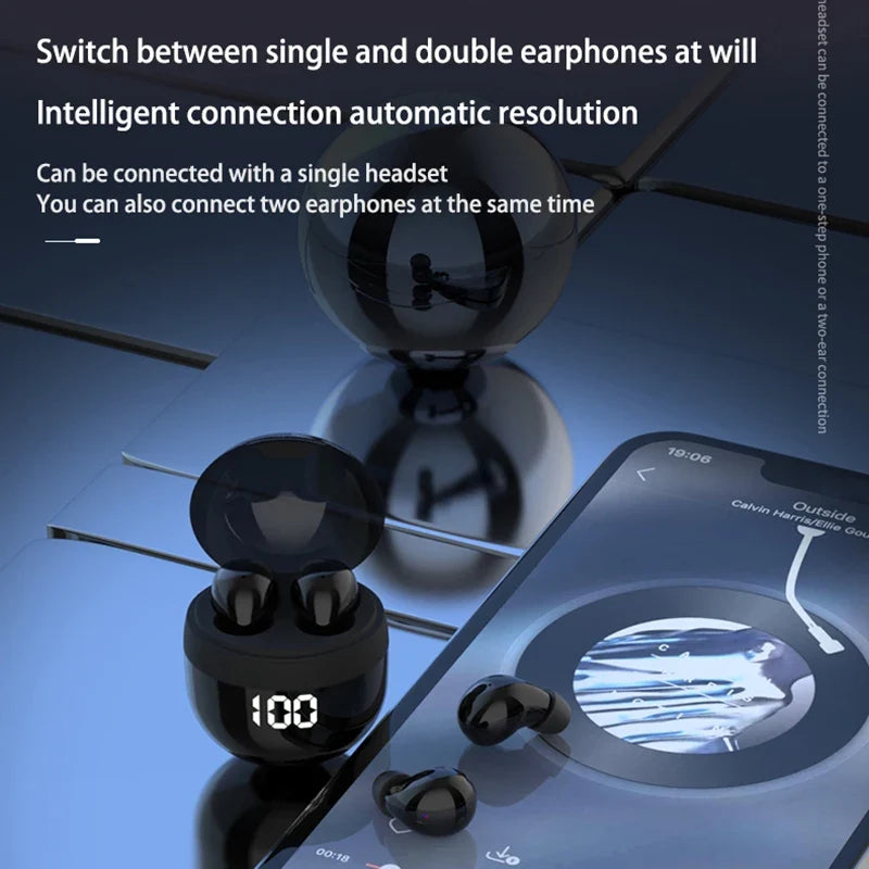 Elegante schwarze Mini TWS Bluetooth 5.3 Kopfhörer, In-Ear Design für diskreten Musikgenuss kabellos.