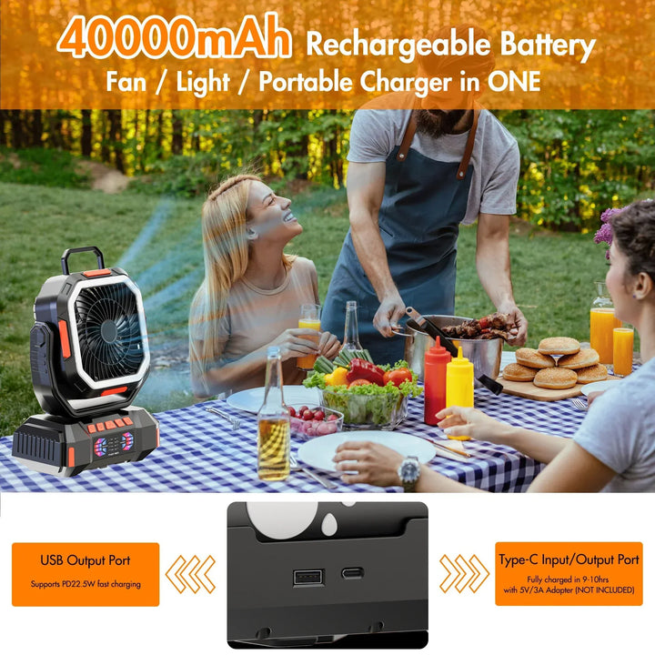 Kompakter, wiederaufladbarer Campingventilator mit 40000mAh Akku, LED-Laterne und Powerbank-Funktion.