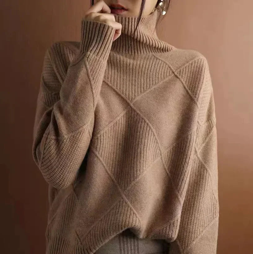 Komfortabler & eleganter Damen Rollkragen Strickpullover mit Rautenmuster, ein vielseitiges Herbst/Winter Oberteil.