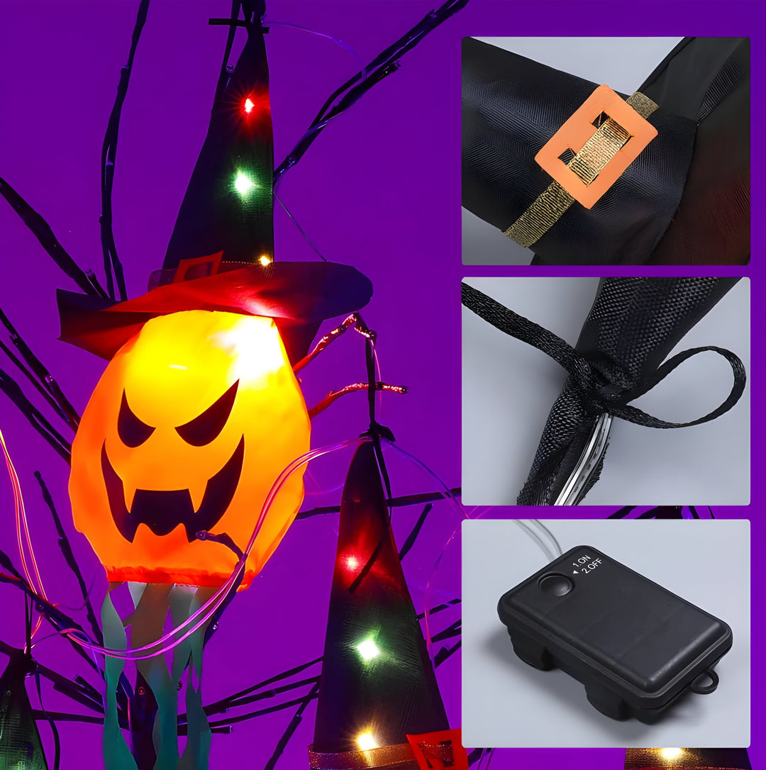 Stimmungsvolle Herbstdeko: LED Kürbis Lichterkette mit gruseligen Jack-o'-Lantern Gesichtern, batteriebetrieben.