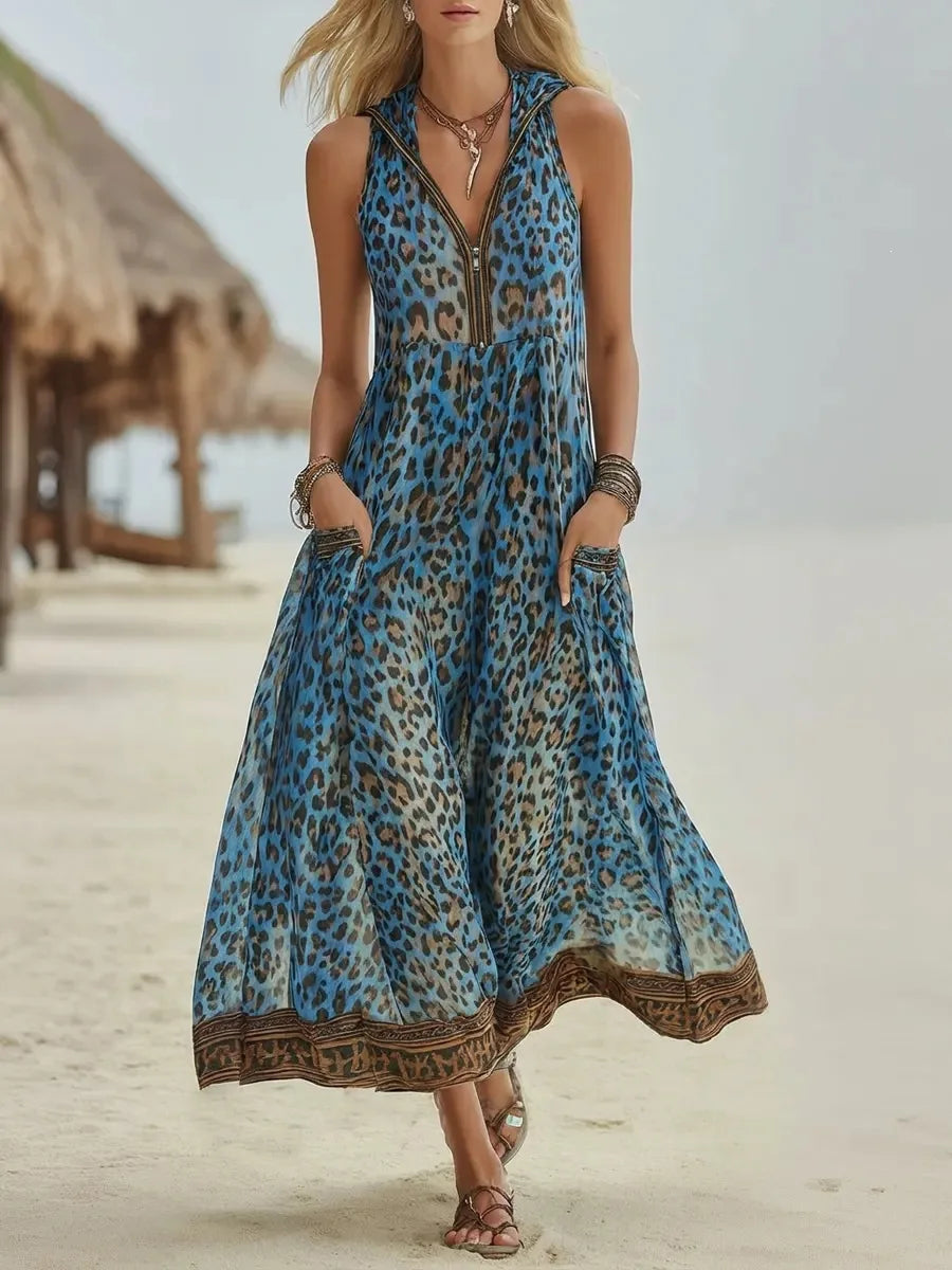 Elegantes, ärmelloses Damen Maxikleid mit Leopardenmuster, V-Ausschnitt. Perfekt als Sommer- oder Strandkleid.