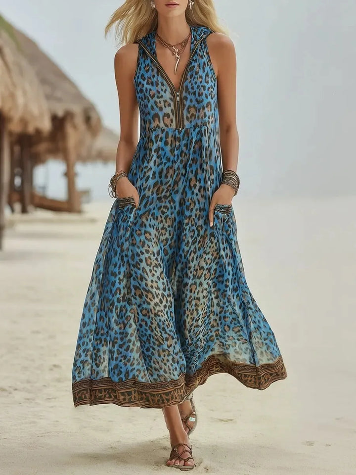 Elegantes, ärmelloses Damen Maxikleid mit Leopardenmuster, V-Ausschnitt. Perfekt als Sommer- oder Strandkleid.