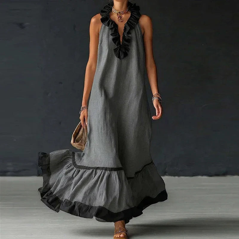 Mehrfarbiges, ärmelloses Damen Maxikleid mit V-Ausschnitt und Rüschen, bequemes Freizeitkleid und elegantes Sommeroutfit.