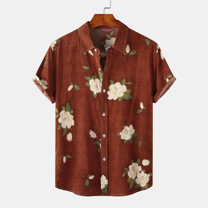 Elegantes braunes Herren Sommerhemd mit Blumenmuster & Slim Fit. Atmungsaktives Kurzarmhemd für Freizeit.