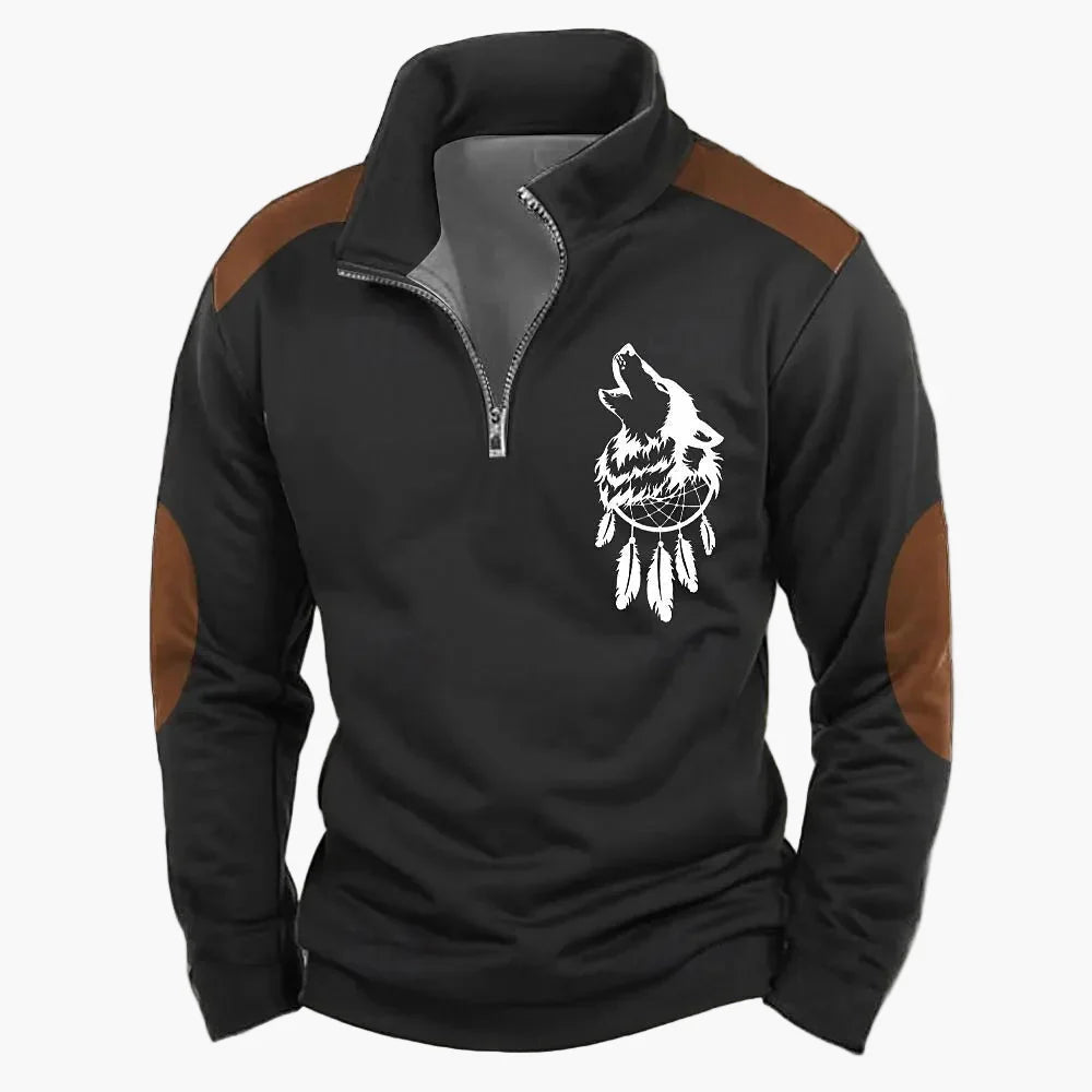 Stilvoller Herren Half-Zip Pullover, Hirschmotiv Stickerei, ideal für Herbst & Winter.
