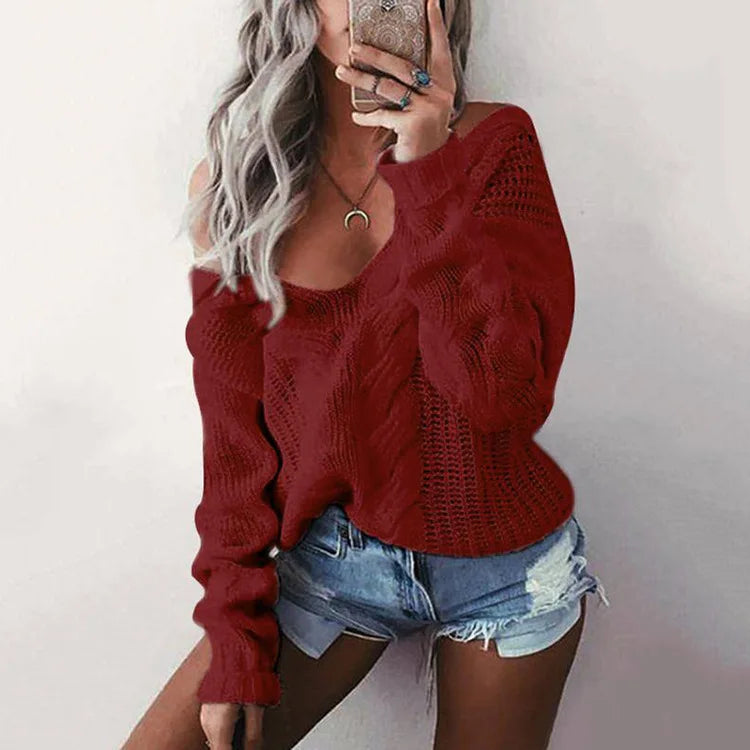 Weiblicher Oversize Pullover, Langarm, Strick, gemütlich und bequem für die Herbstmode.