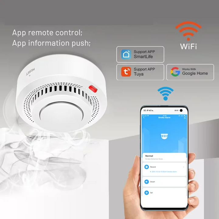 Intelligenter Brandmelder mit Hitzesensor und 85dB Alarm. Frühzeitige Notfallmeldung per WLAN ins Smart Home.