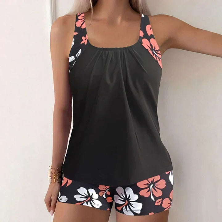 Zweiteiliger Damen Badeanzug mit modischem Blumenprint, stilvolle Strandmode.