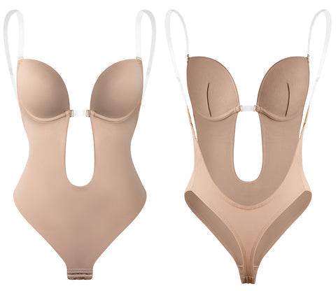 Beiger rückenfreier Body für Damen, slim fit, elegant für den Alltag oder unsichtbar unter Business-Kleidung.
