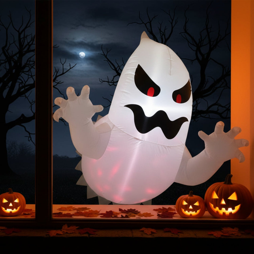 Faltbare Halloween Geisterdekoration mit LED-Beleuchtung. Ideal als gruselige Hängedeko für saisonale Party.