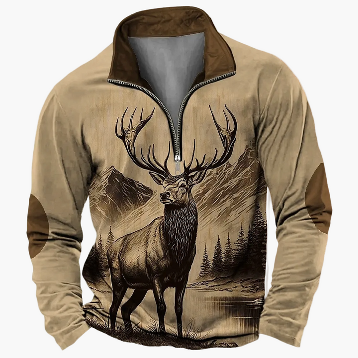 Kuscheliger Herren Half-Zip Pullover mit Hirschmotiv, hält warm an kalten Herbsttagen.