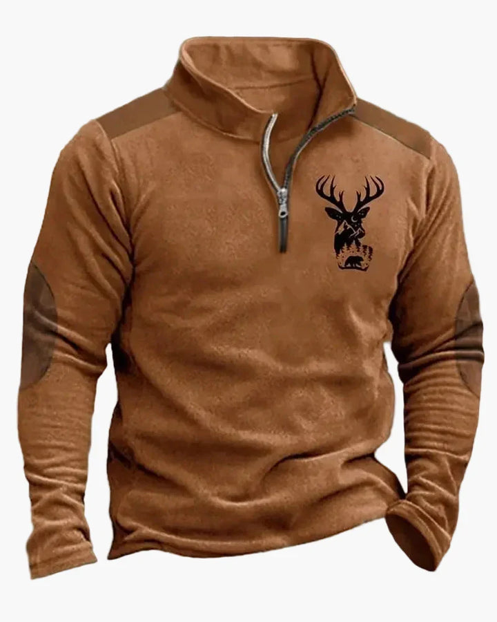 Warmer Herren Half-Zip Winter Pullover mit edlem Hirschmotiv für Stil & Komfort.