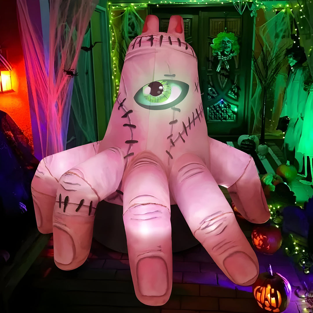 Rosa aufblasbare Halloween Geisterhand mit LED-Beleuchtung, perfekt als Gruseldeko für den Garten.