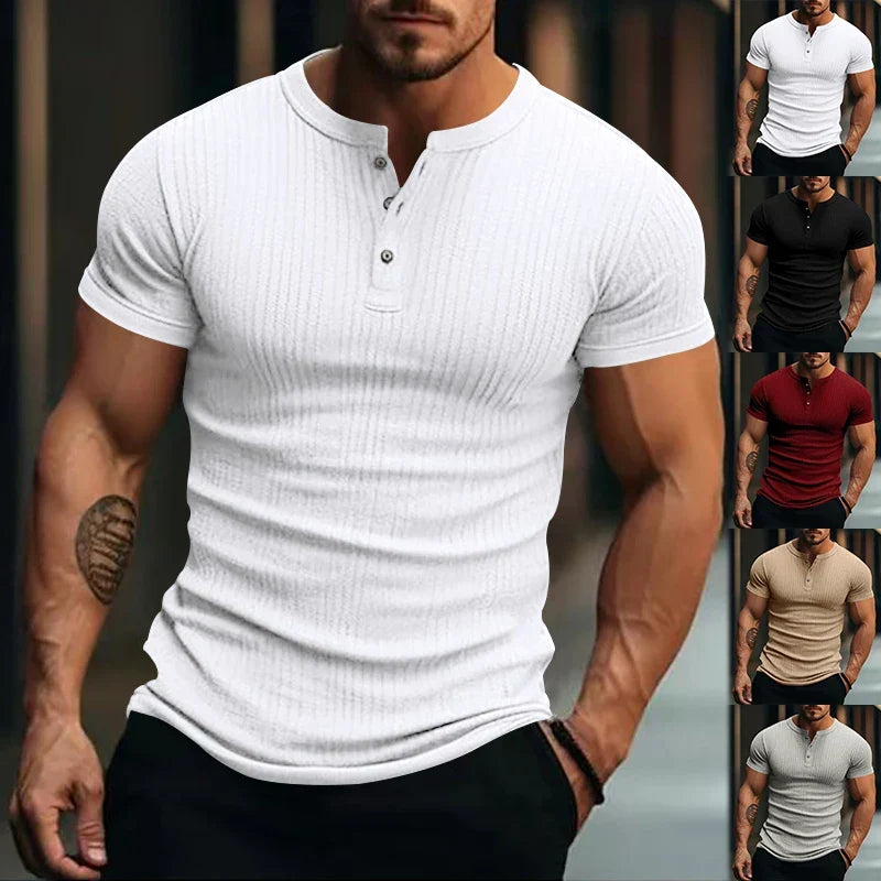 Herren Henley T-Shirt mit Strukturmuster, kurzarm. Eleganter Freizeit-Look, vielseitige Casual Mode.