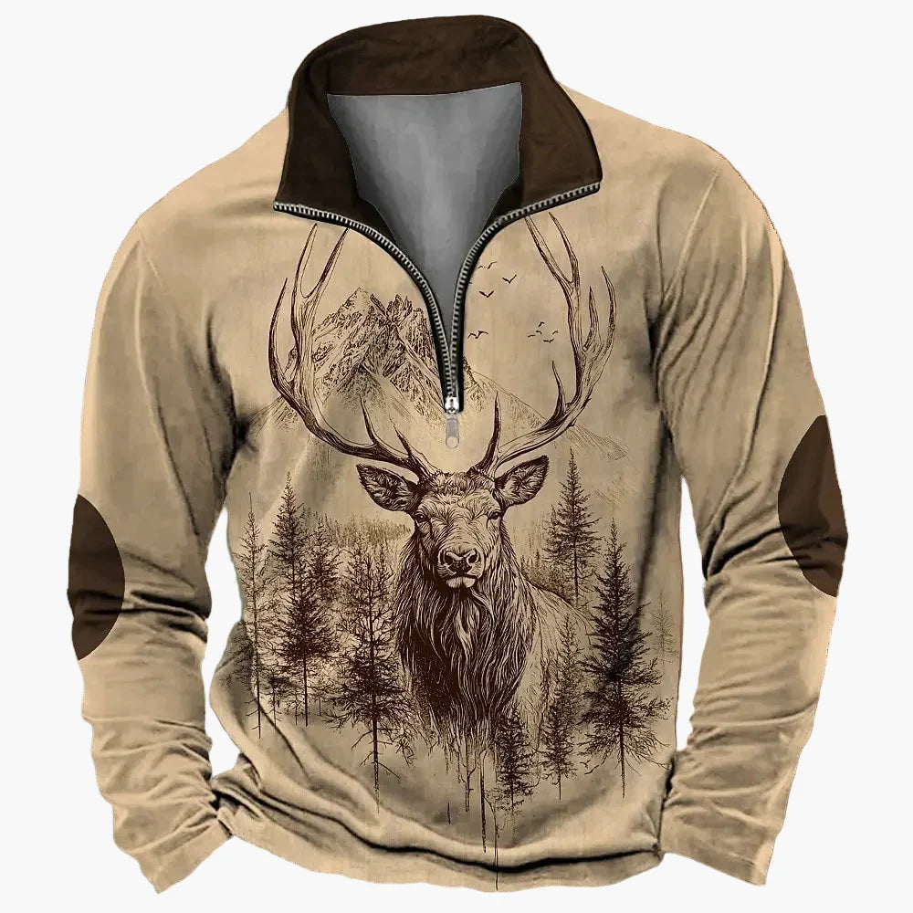 Moderner Herren Half-Zip Pullover mit markantem Hirschmotiv für modebewusste Männer.