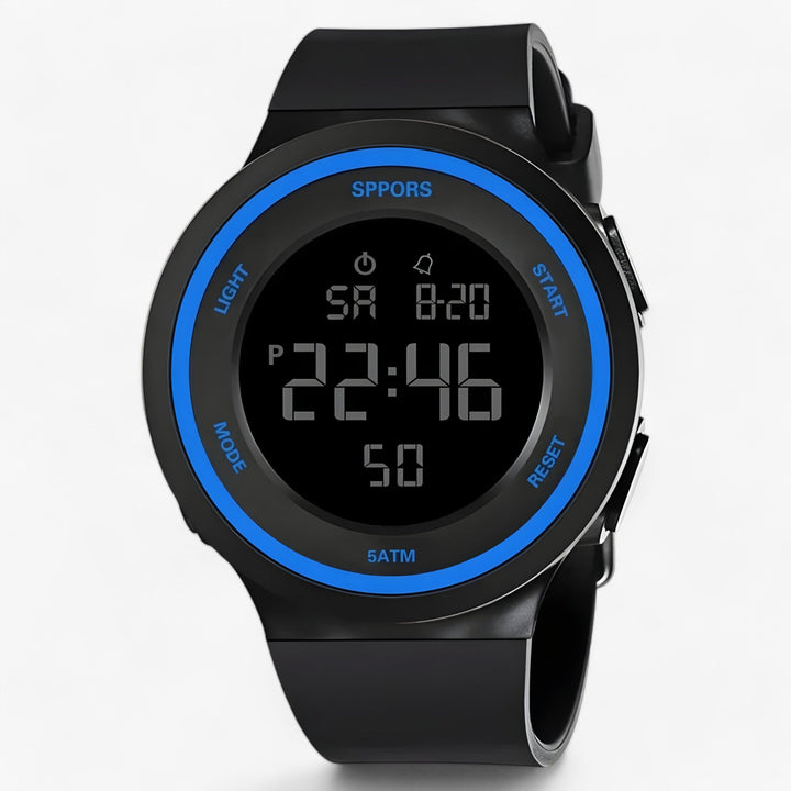 Nahaufnahme der robusten Herren Outdoor-Uhr in Schwarz; mit gut lesbarer LED-Anzeige; langlebig und wasserdicht.