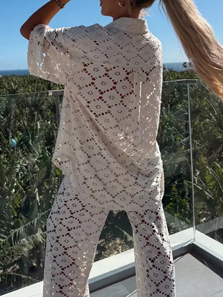 Modisches Damen Mode-Set Livia mit weiten Hosen und Spitze, ideal für sommerliche Eleganz & Loungewear.