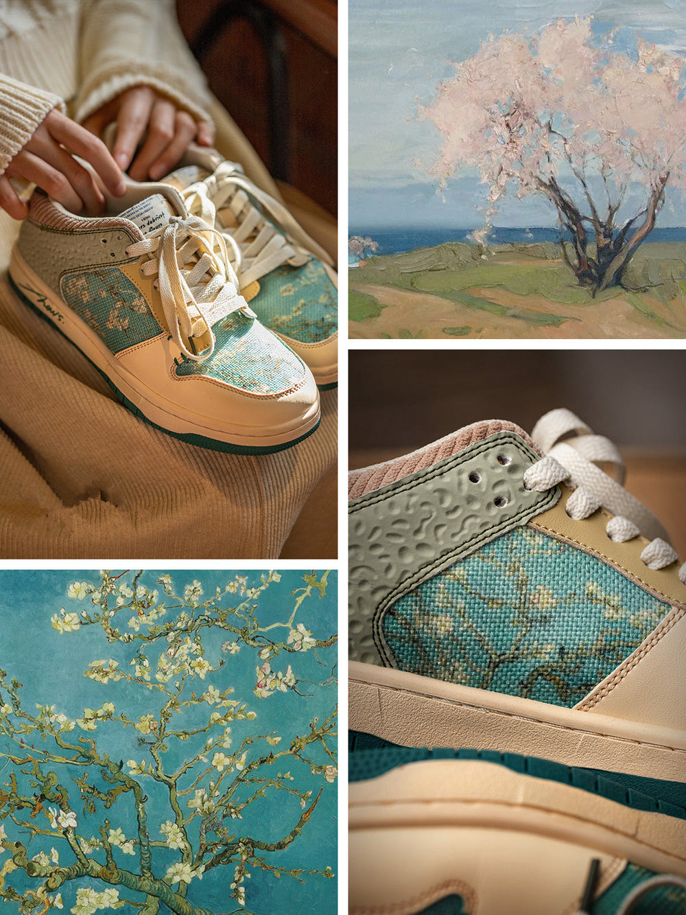 Designer Kunstschuhe mit Van Gogh-inspiriertem Mandelblüten-Print, stilvoll für Damen & Herren.