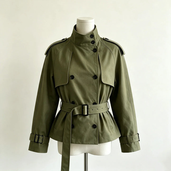 Modische Übergangsjacke für Damen, doppelreihig, mit Taillengürtel & Schulterklappen. Klassische Freizeitmode.