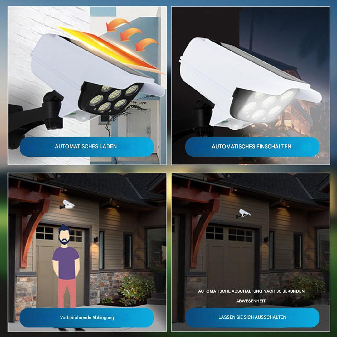 Wetterfeste (IP65) Solardummy-Sicherheitskamera mit authentischer Optik und blinkender LED für Außenbereiche.