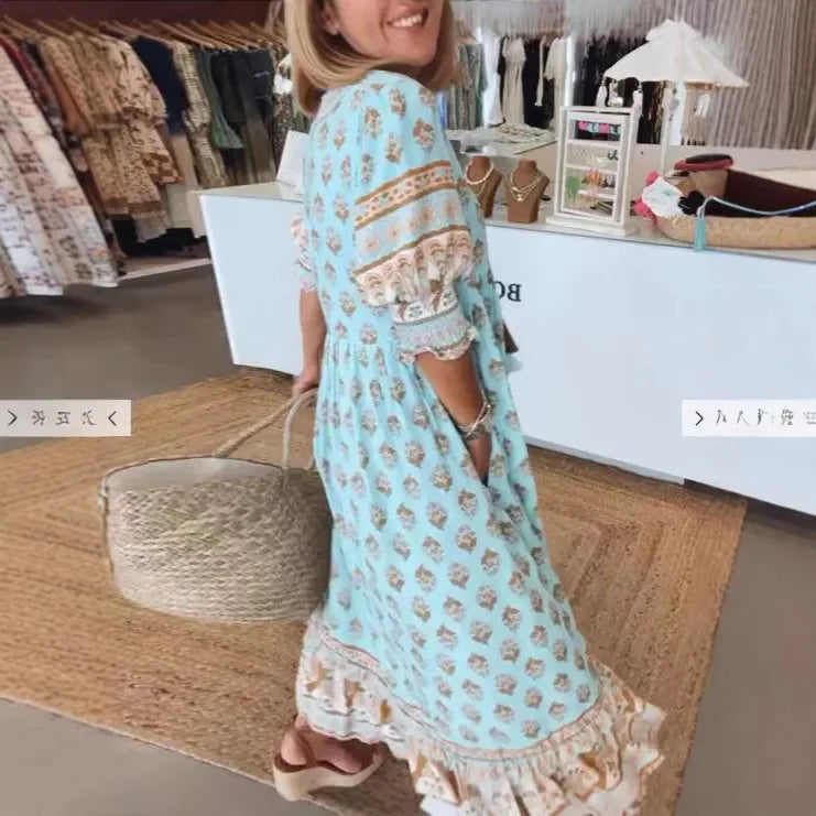 Modisches rosa langes Damenkleid, Freizeitkleid mit Laternenärmeln und V-Ausschnitt, perfekt für Urlaub.