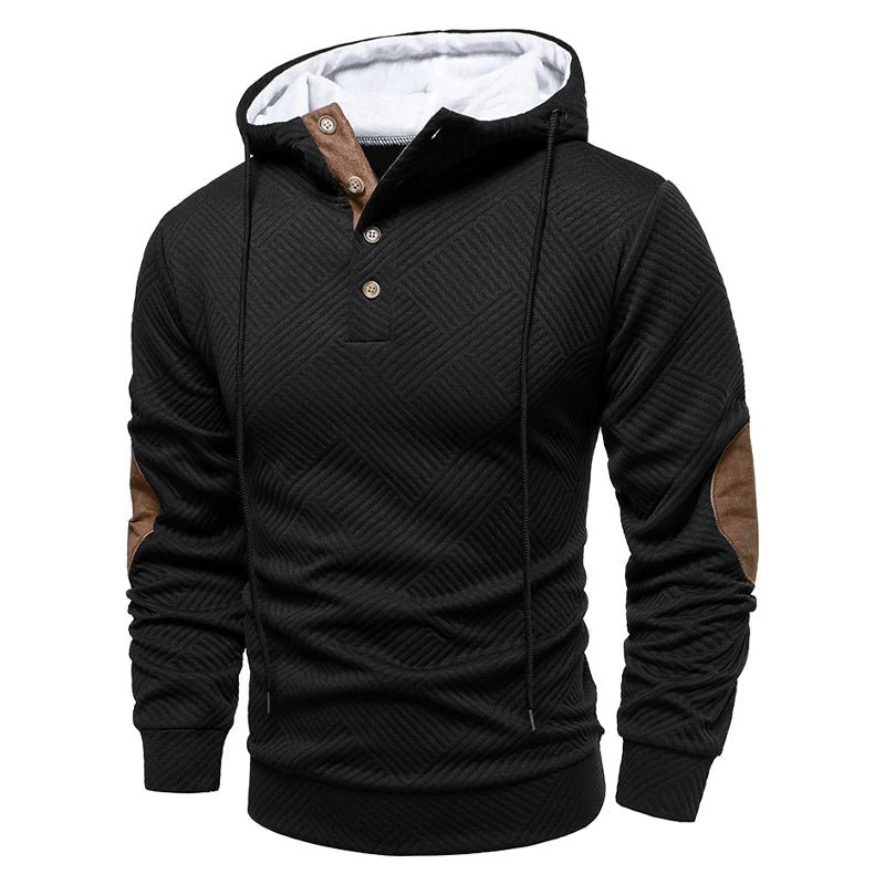 Schwarzer Herren Kapuzenpullover. Trendiges Oberteil für Männer, modern und vielseitig, ideal für Freizeitkleidung.