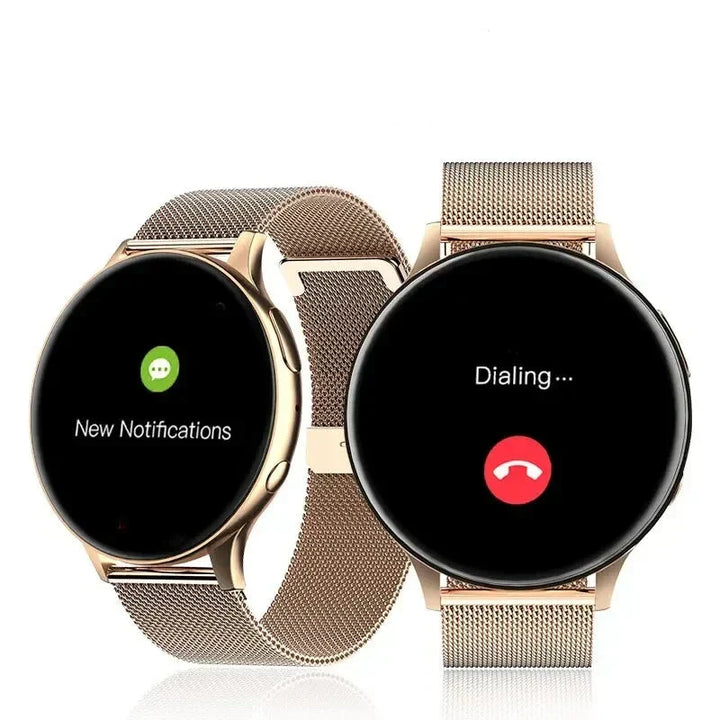 Stilvolle Damen Smartwatch in Roségold mit elegantem Armband, ideal als modisches Accessoire und Fitnessbegleiter.