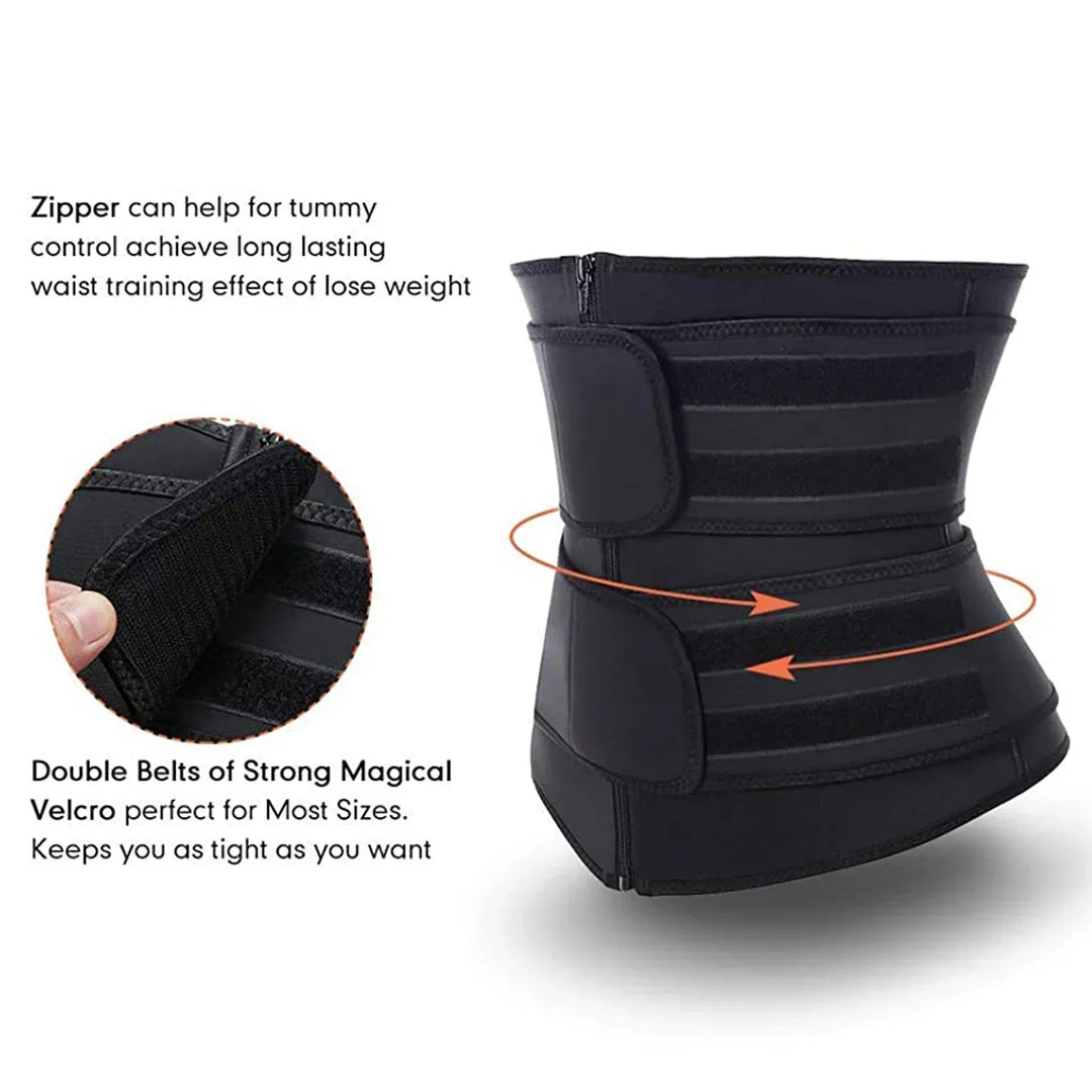 SweatPro Taillentrainer aus Neopren, ideal für Fitness-Workouts. Unterstützt Bauch & Rücken, fördert Schwitzen.
