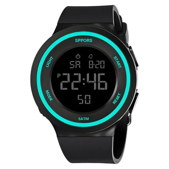 Digitale Unisex-Armbanduhr mit LED-Display, 5 ATM wasserdicht und modernem Design, ideal für Sport & Alltag.