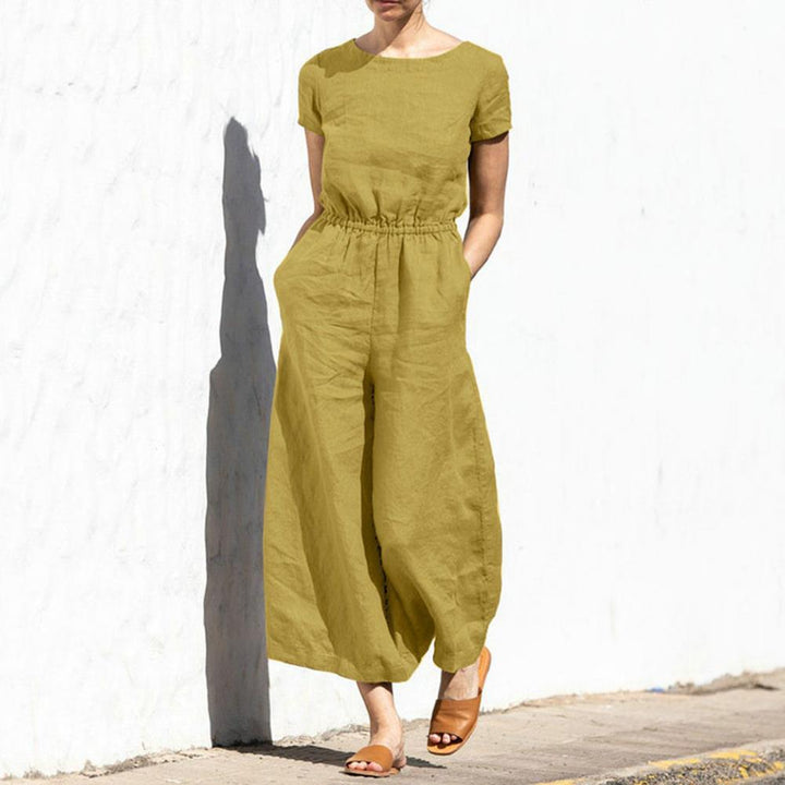 Eleganter Damen Einteiler, Sommer Jumpsuit mit weitem Bein. Lockerer Rundhals-Overall, bequem für Freizeit und Sommerkleidung.
