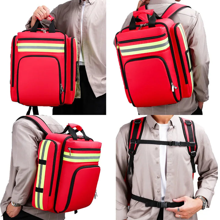 Unisex Notfallrucksack, getragen von einem Wanderer, perfekt für Erste Hilfe, Outdoor, Survival & Abenteuer. Sicherheitsrucksack.