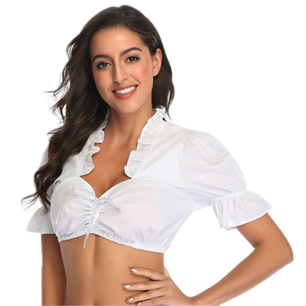 Weiße kurzärmelige Damen Dirndlbluse für Oktoberfest & Trachtenfeste.