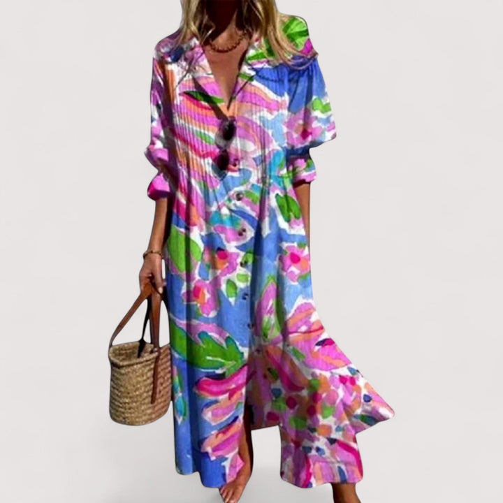 Luftiges Damen Frühlingskleid in A-Linie mit stilvollem Print. Lockeres, bequemes Sommerkleid für Damen.
