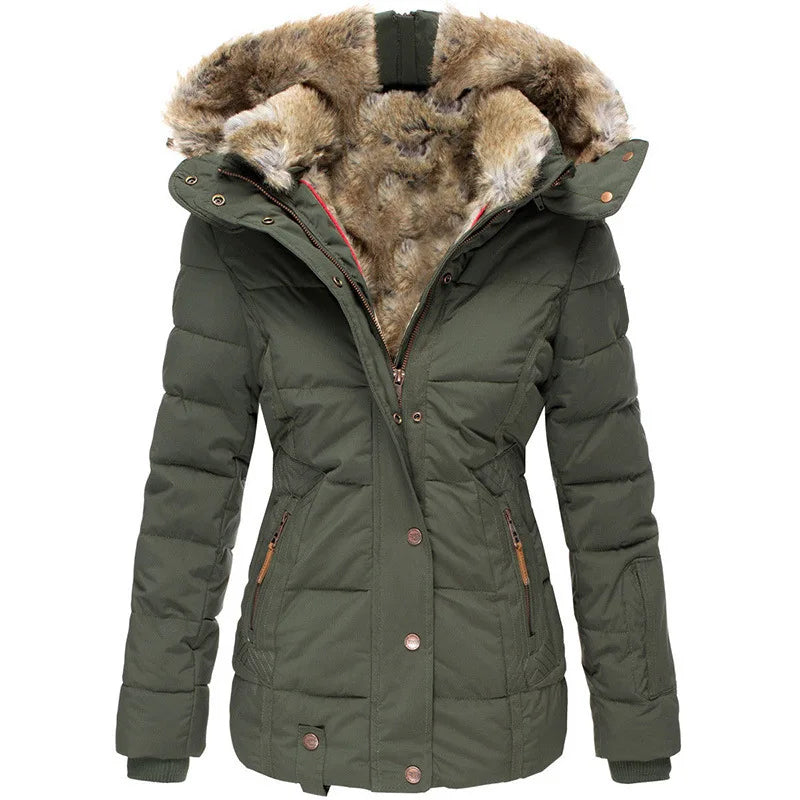 Damen Winterjacke mit luxuriösem Kunstfellkragen. Warm, stilvoll und tailliert für kaltes Wetter.
