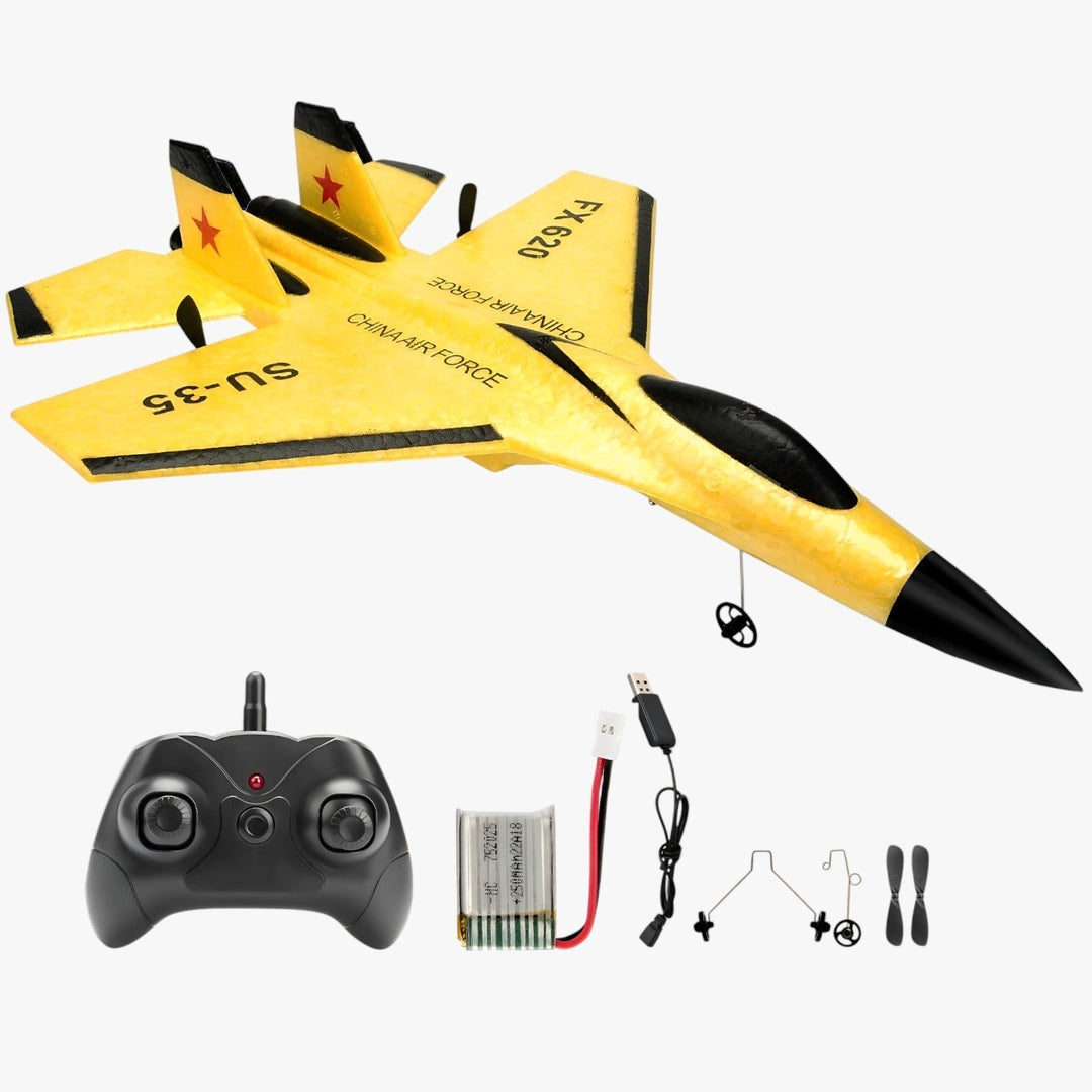 Nahaufnahme der leuchtenden LEDs am FalconAir RC-Flugzeug, ein beeindruckender LED-Gleiter für Nachtflüge.