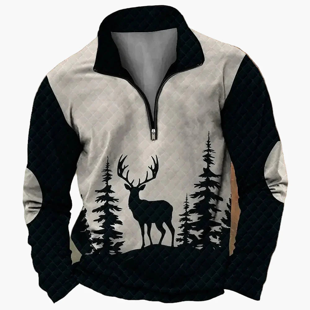 Strapazierfähiger Herren Half-Zip Pullover mit Hirschmotiv für Outdoor-Abenteuer und Freizeit.