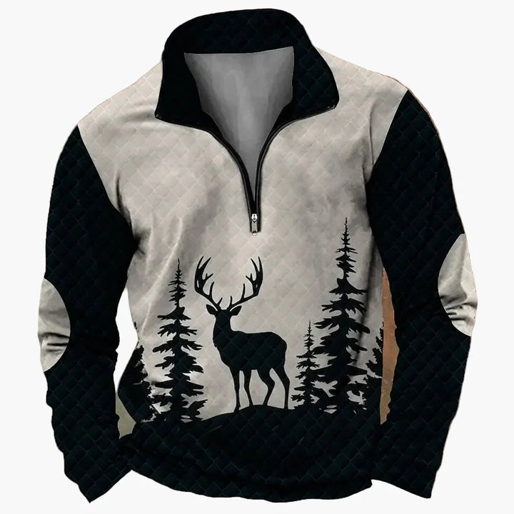 Strapazierfähiger Herren Half-Zip Pullover mit Hirschmotiv für Outdoor-Abenteuer und Freizeit.