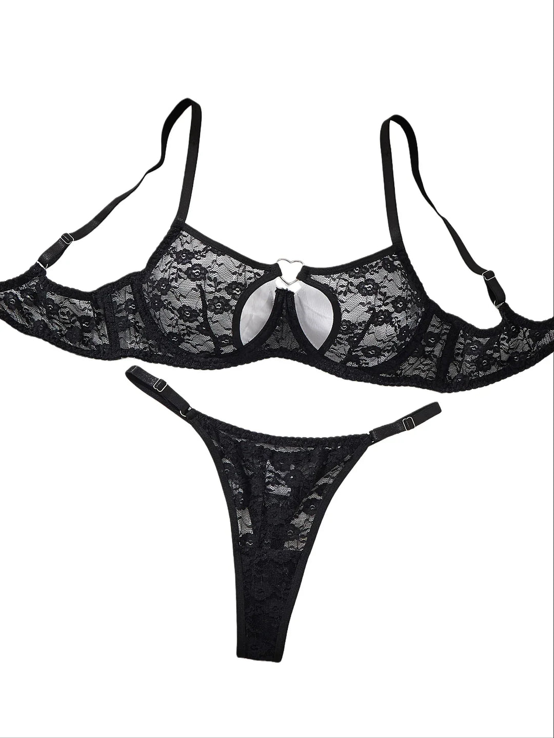 Elegantes Damen Dessous Set aus Spitze: transparenter Bügel-BH und passender String für verführerische Momente.
