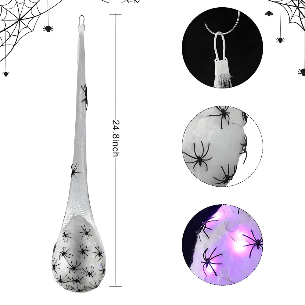 Hängende Spinnennetz-Ei-Deko in Lila & Warmweiß für Halloween. Ideale beleuchtete Dekoration für Innenbereiche.